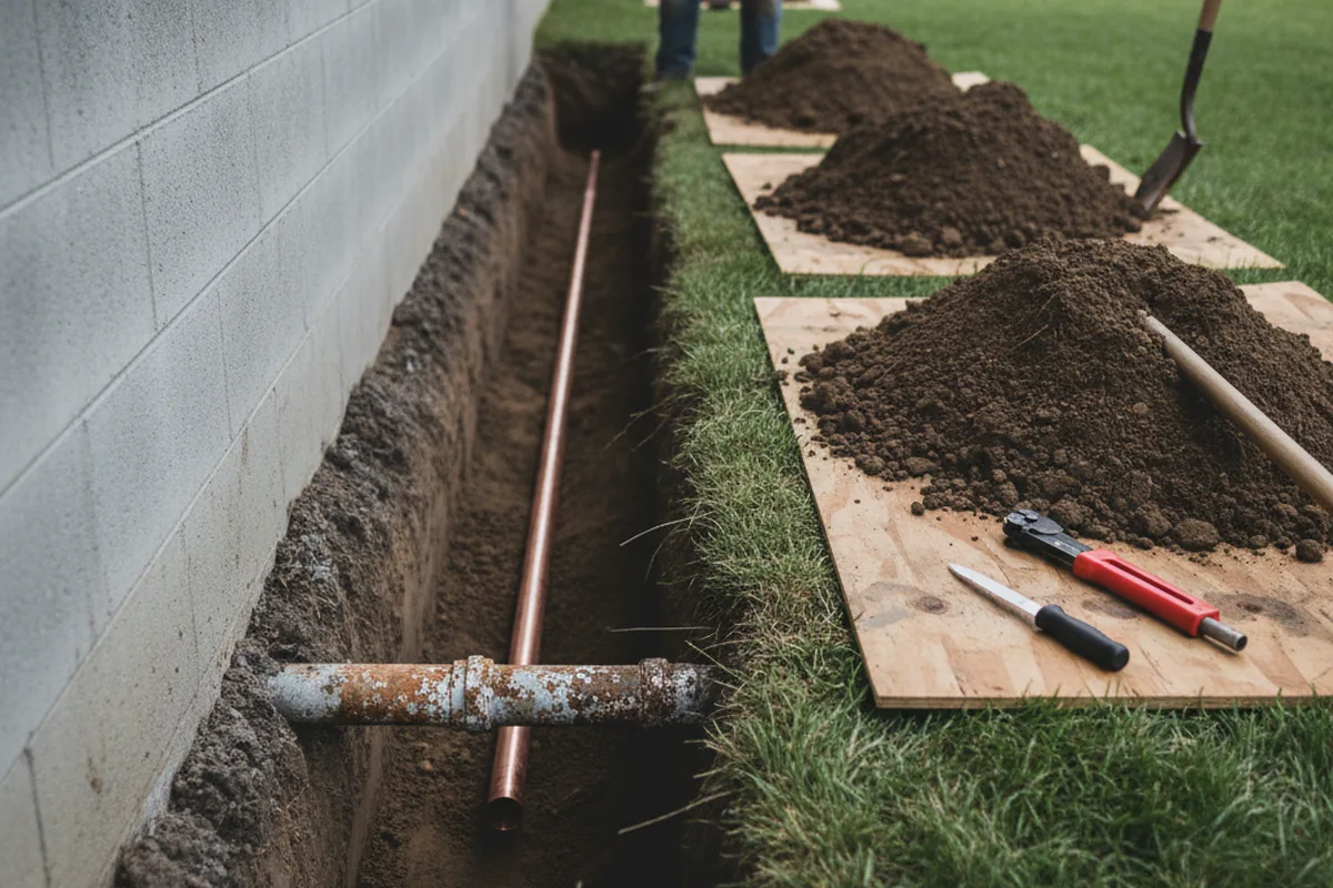 Excavated water line trench during Sewer Line Repair in Amsterdam